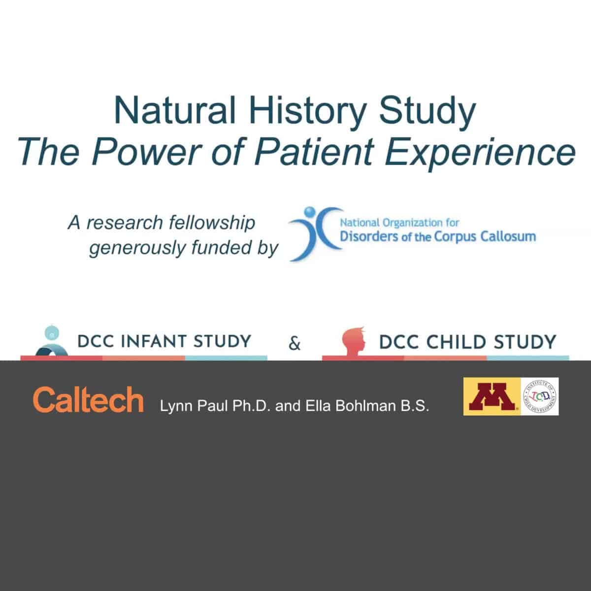 This Banner Reads: Natural History Study: The Power of Patient Experience generously funded by National Organization for Disorders of the Corpus Callosum DCC infant Study and dccc child study at the bottom are credits for: Caltech, Lynn Paul Ph.D. and Ella Bohlman B.S. , The University of Minnesota, and The Institute of Child Development